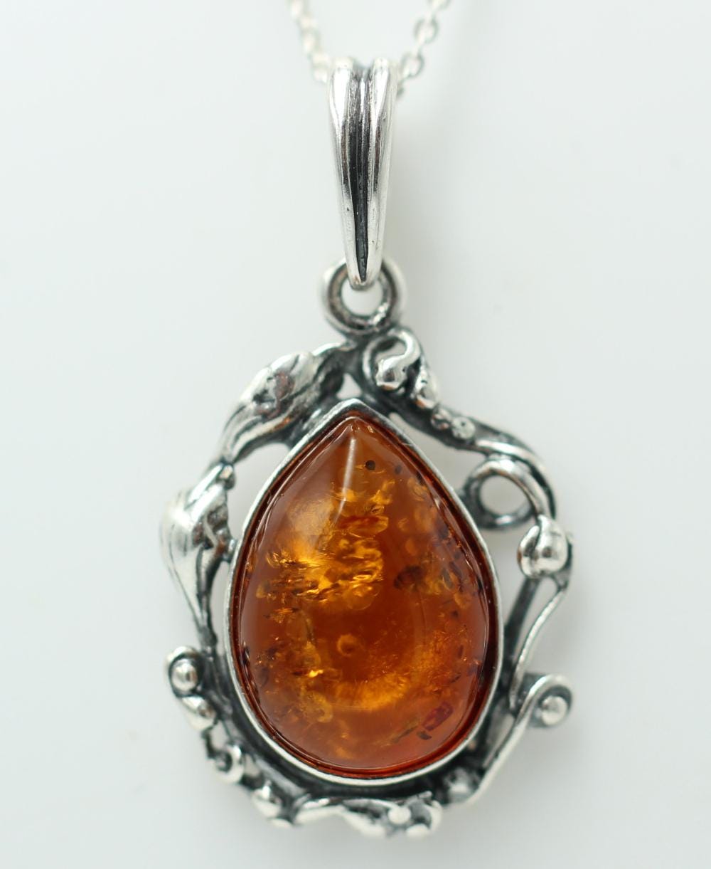 Jugendstil Design Bernsteinanhänger 925 Silber Collier Kette Bernstein