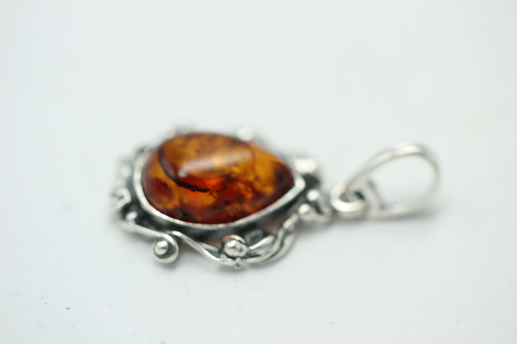 Jugendstil Design Bernsteinanhänger 925 Silber Collier Kette Bernstein