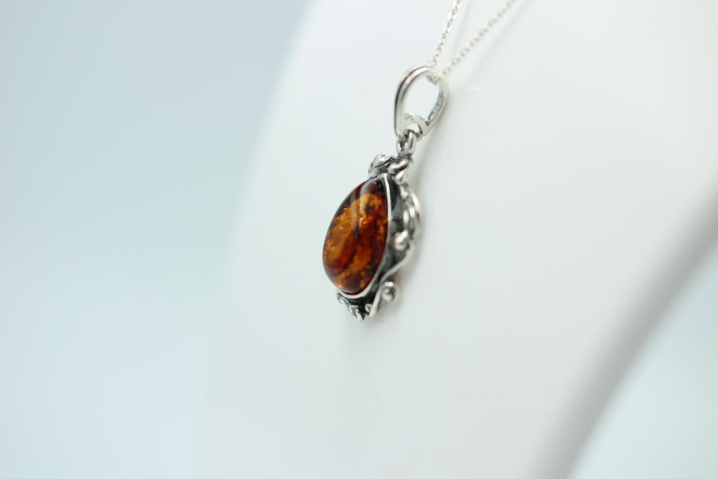 Jugendstil Design Bernsteinanhänger 925 Silber Collier Kette Bernstein