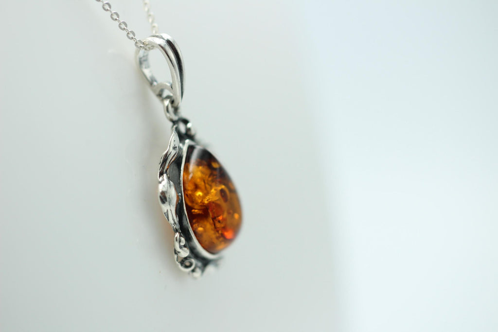 Jugendstil Design Bernsteinanhänger 925 Silber Collier Kette Bernstein