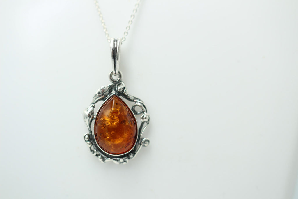 Jugendstil Design Bernsteinanhänger 925 Silber Collier Kette Bernstein
