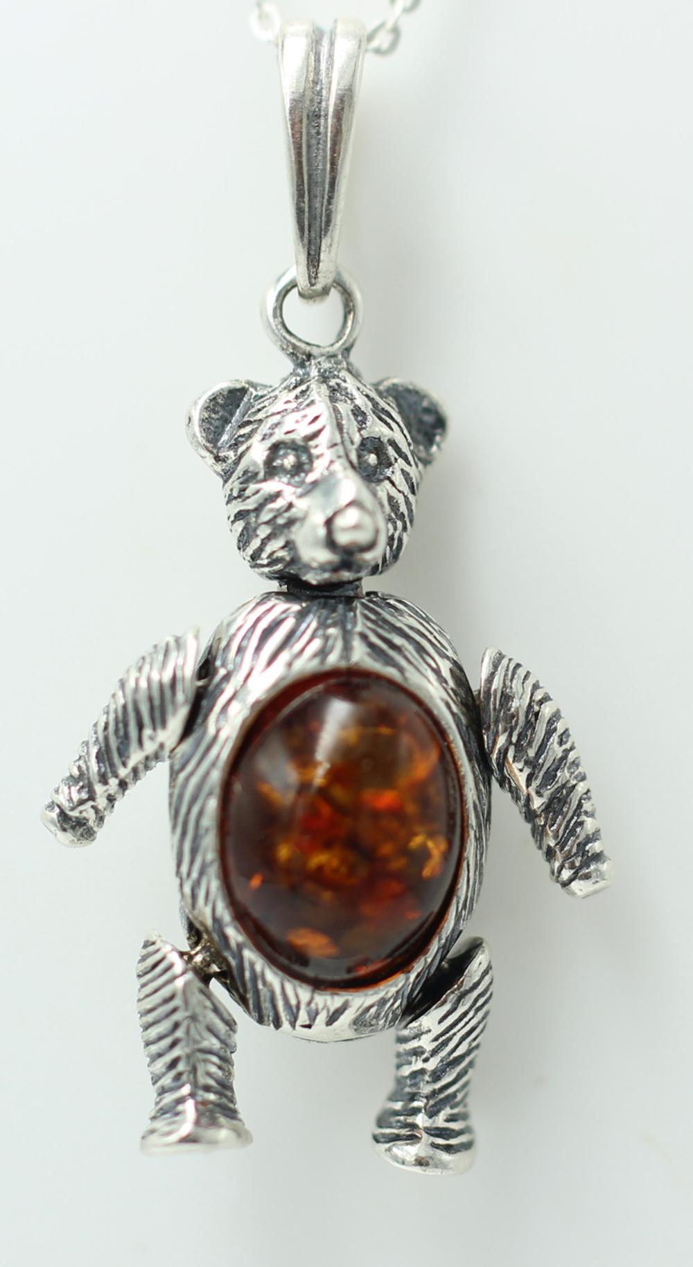 Design Bär 925 Silber mit Bernstein beweglich und platisch Bärenkette Collier
