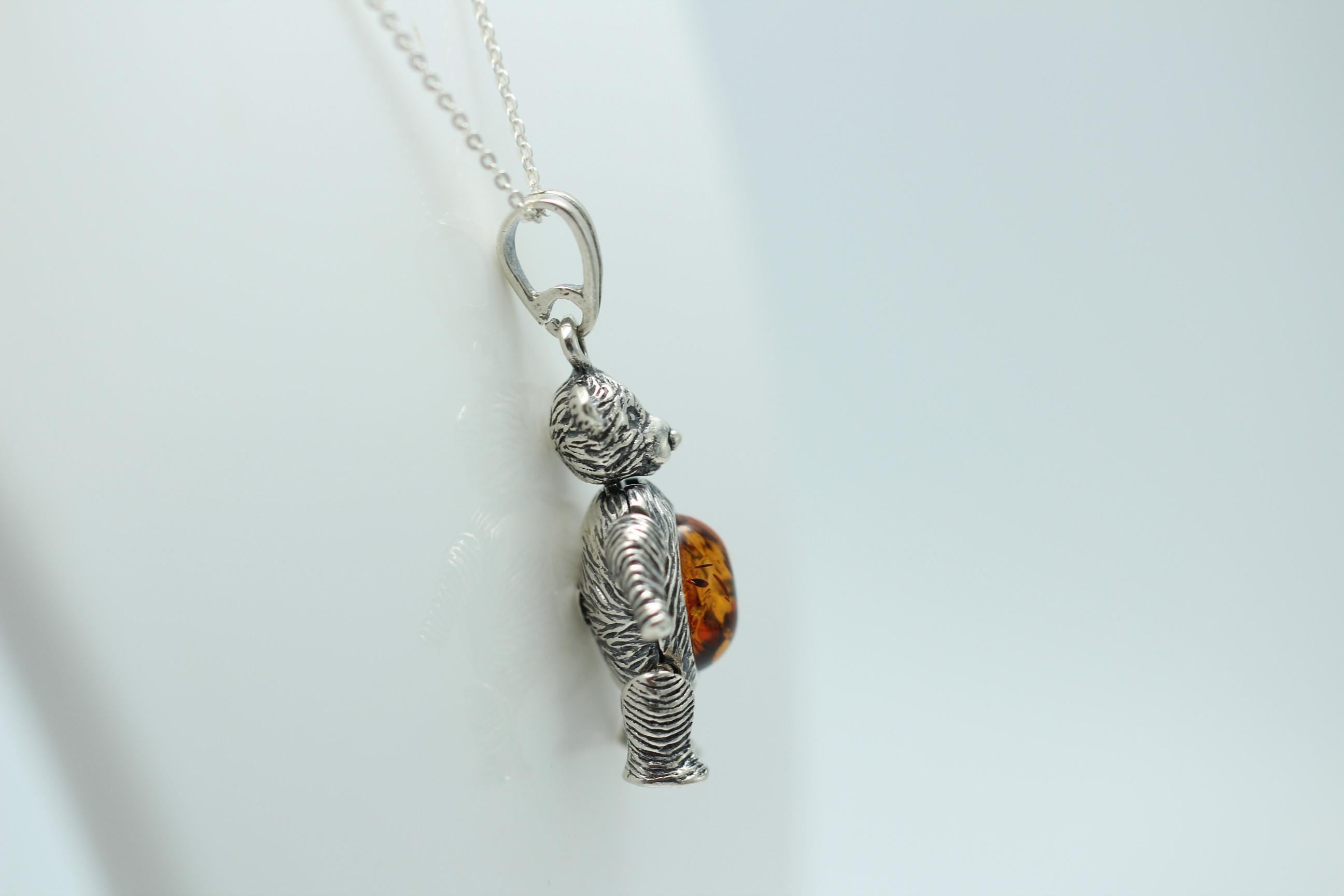 Design Bär 925 Silber mit Bernstein beweglich und platisch Bärenkette Collier