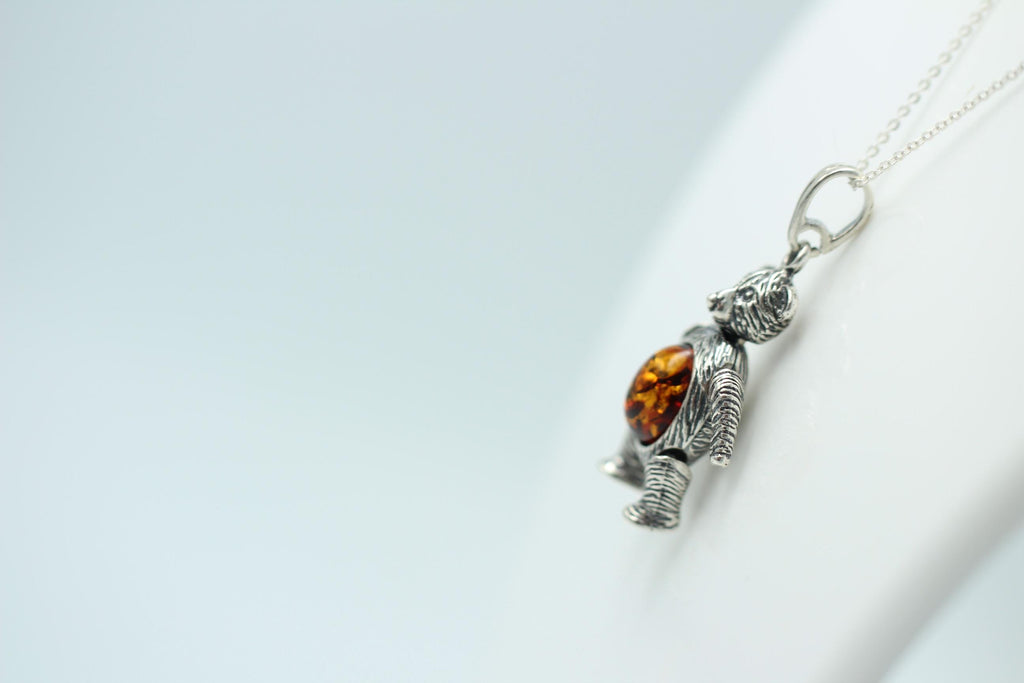 Design Bär 925 Silber mit Bernstein beweglich und platisch Bärenkette Collier