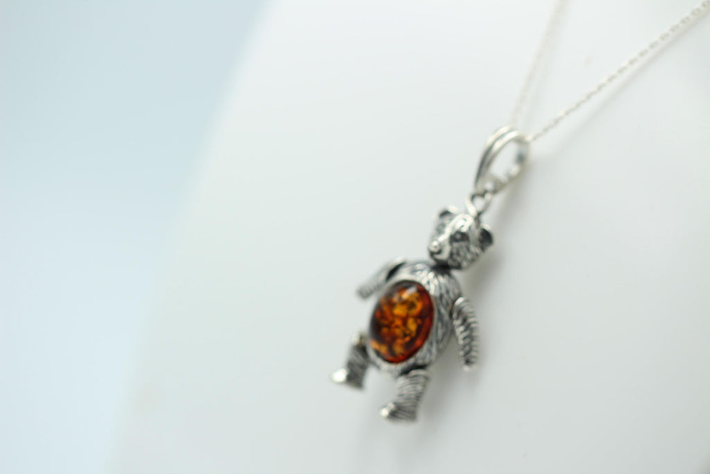 Design Bär 925 Silber mit Bernstein beweglich und platisch Bärenkette Collier