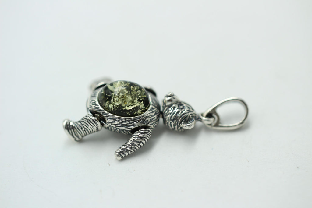 Design Bär 925 Silber mit grünem Bernstein beweglich und platisch Bärenkette