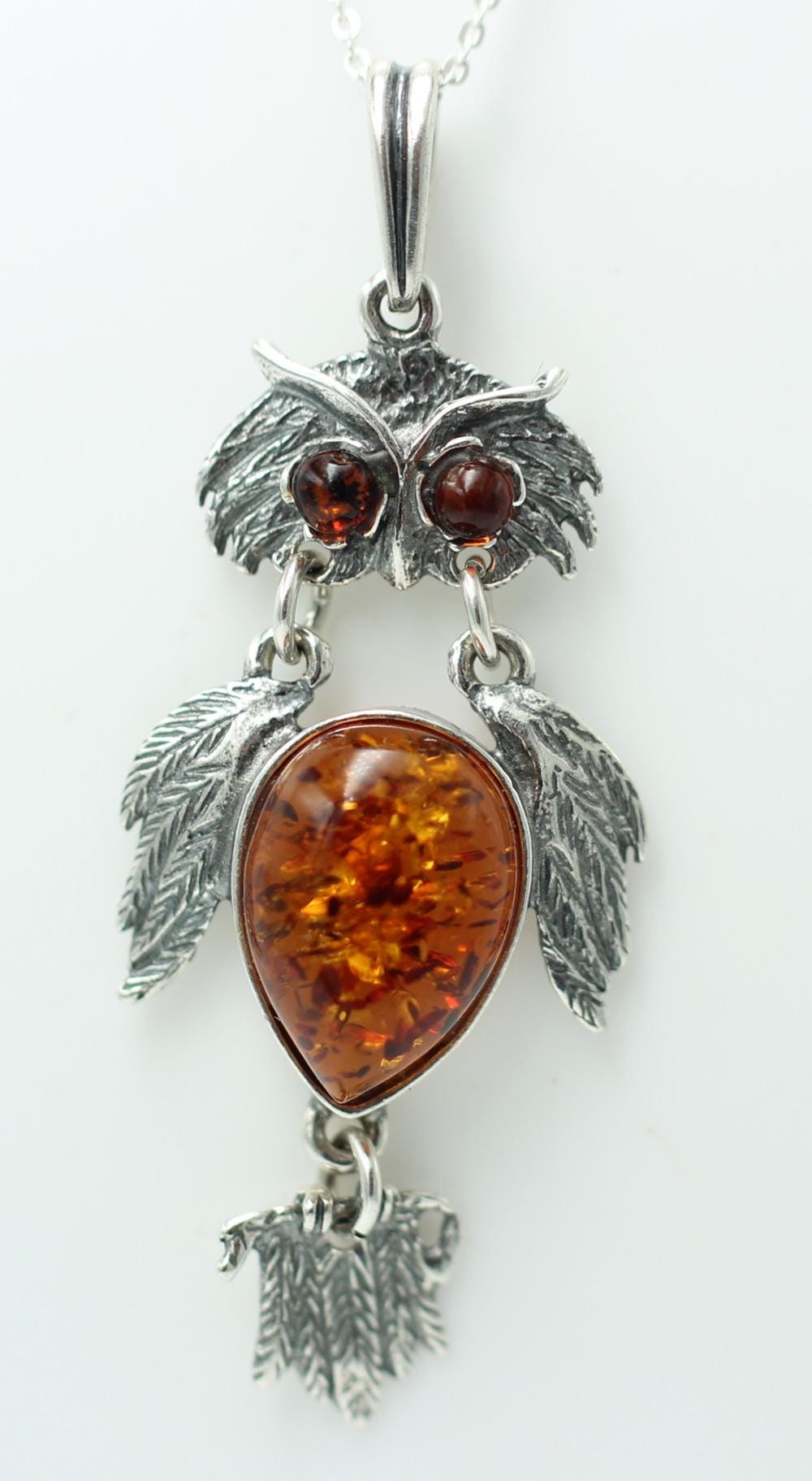 beweglicher Eulen Anhänger Bernstein in 925 Sterling Silber Collier Kette