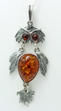 beweglicher Eulen Anhänger Bernstein in 925 Sterling Silber Collier Kette