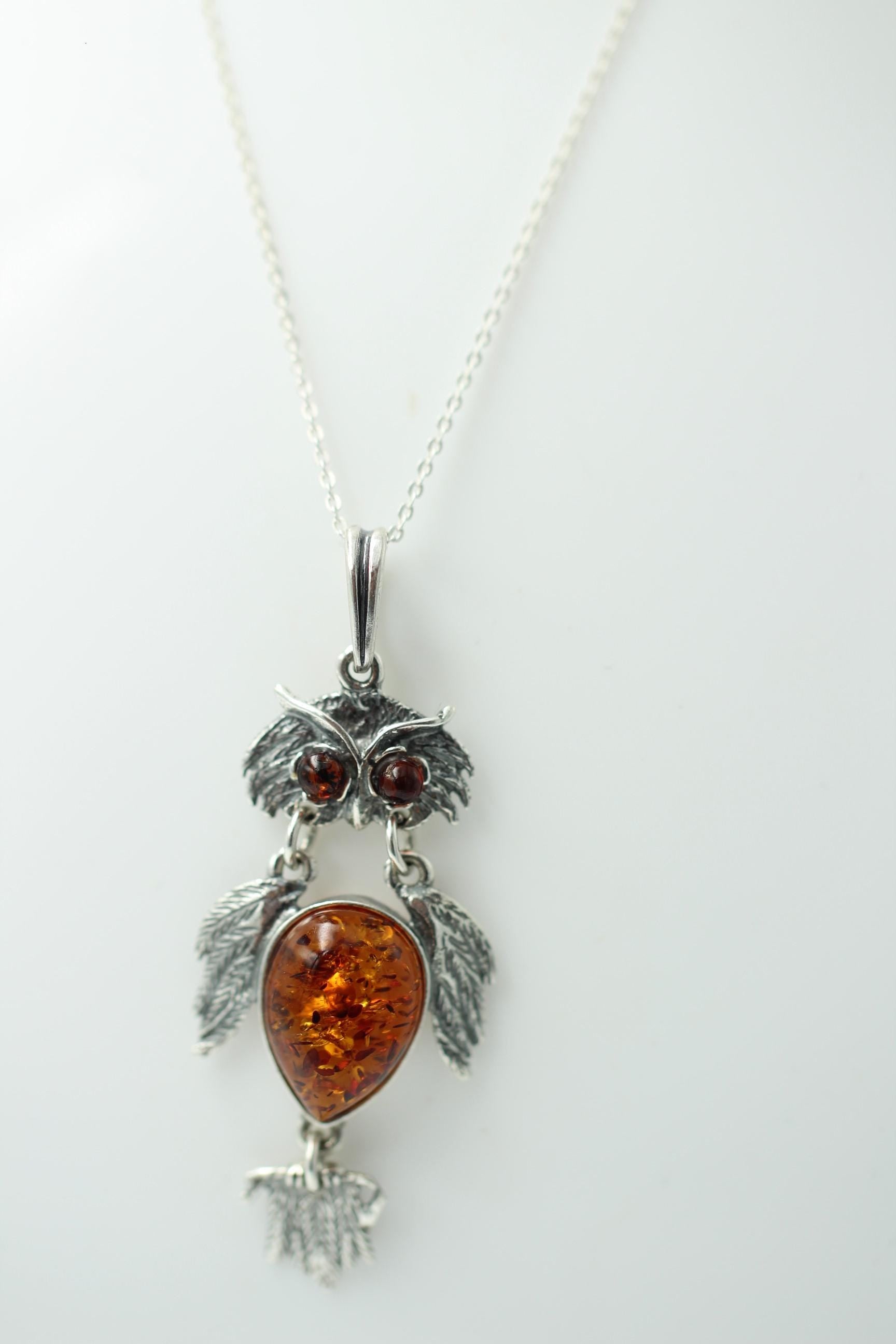 beweglicher Eulen Anhänger Bernstein in 925 Sterling Silber Collier Kette