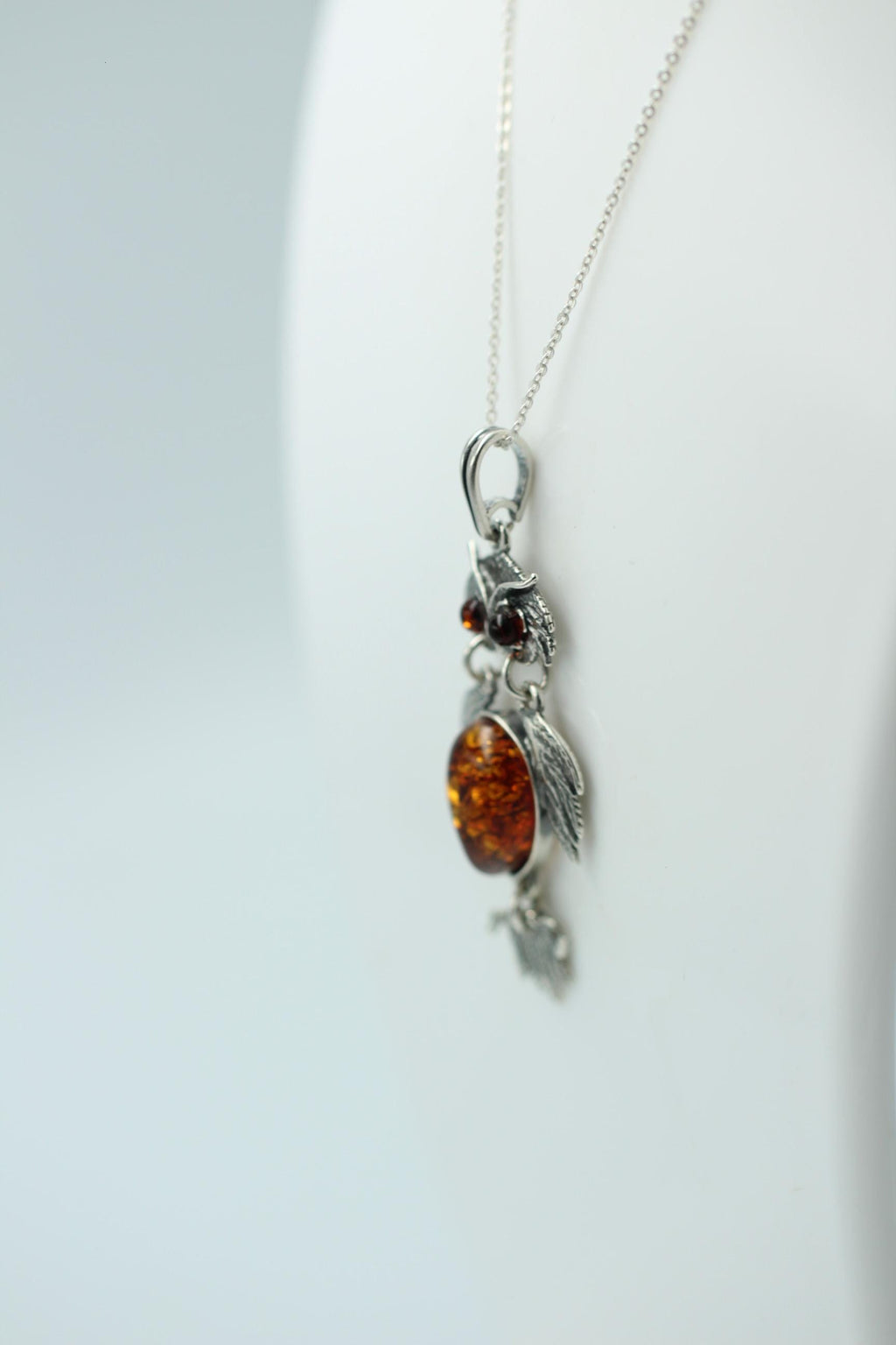 beweglicher Eulen Anhänger Bernstein in 925 Sterling Silber Collier Kette