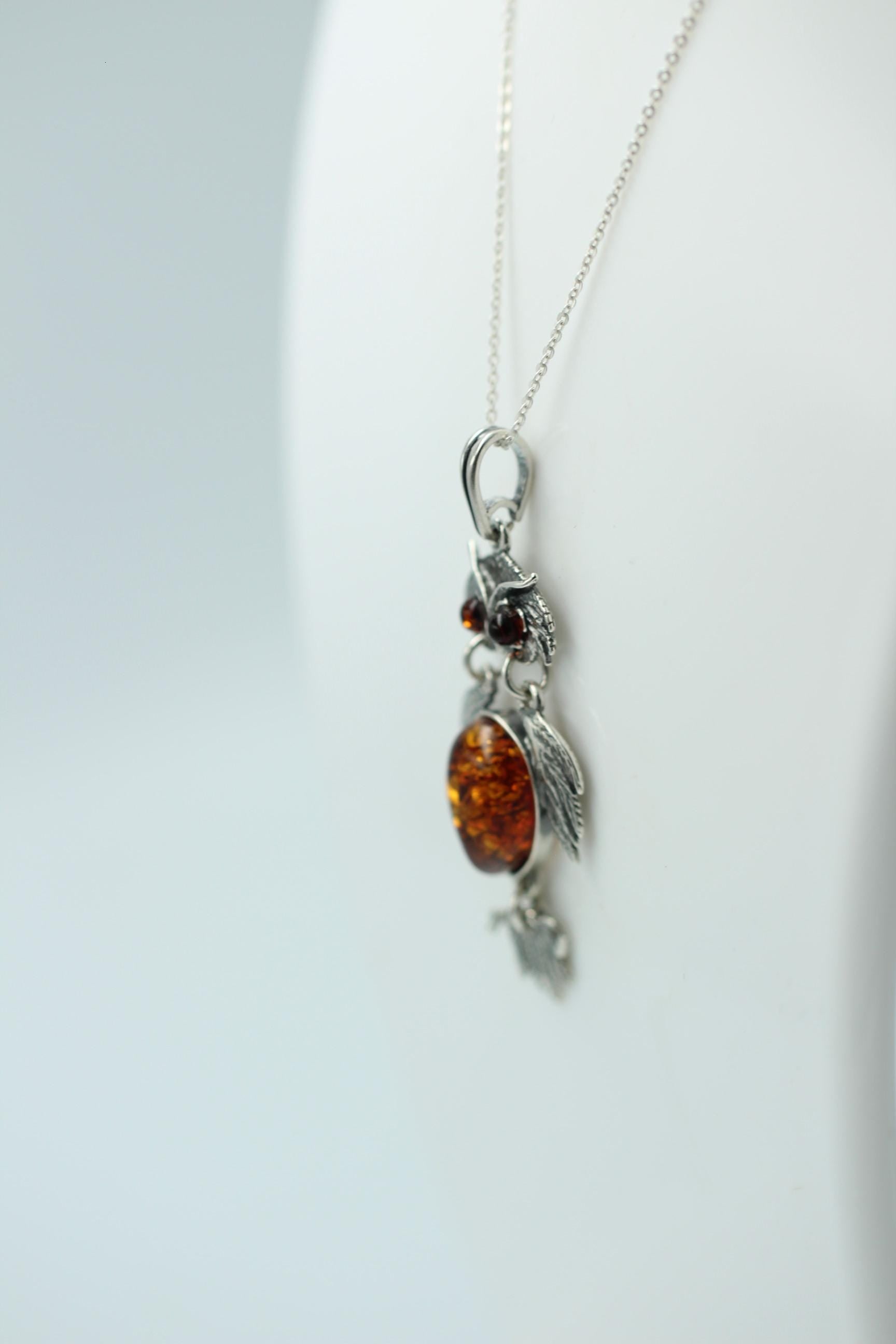 beweglicher Eulen Anhänger Bernstein in 925 Sterling Silber Collier Kette