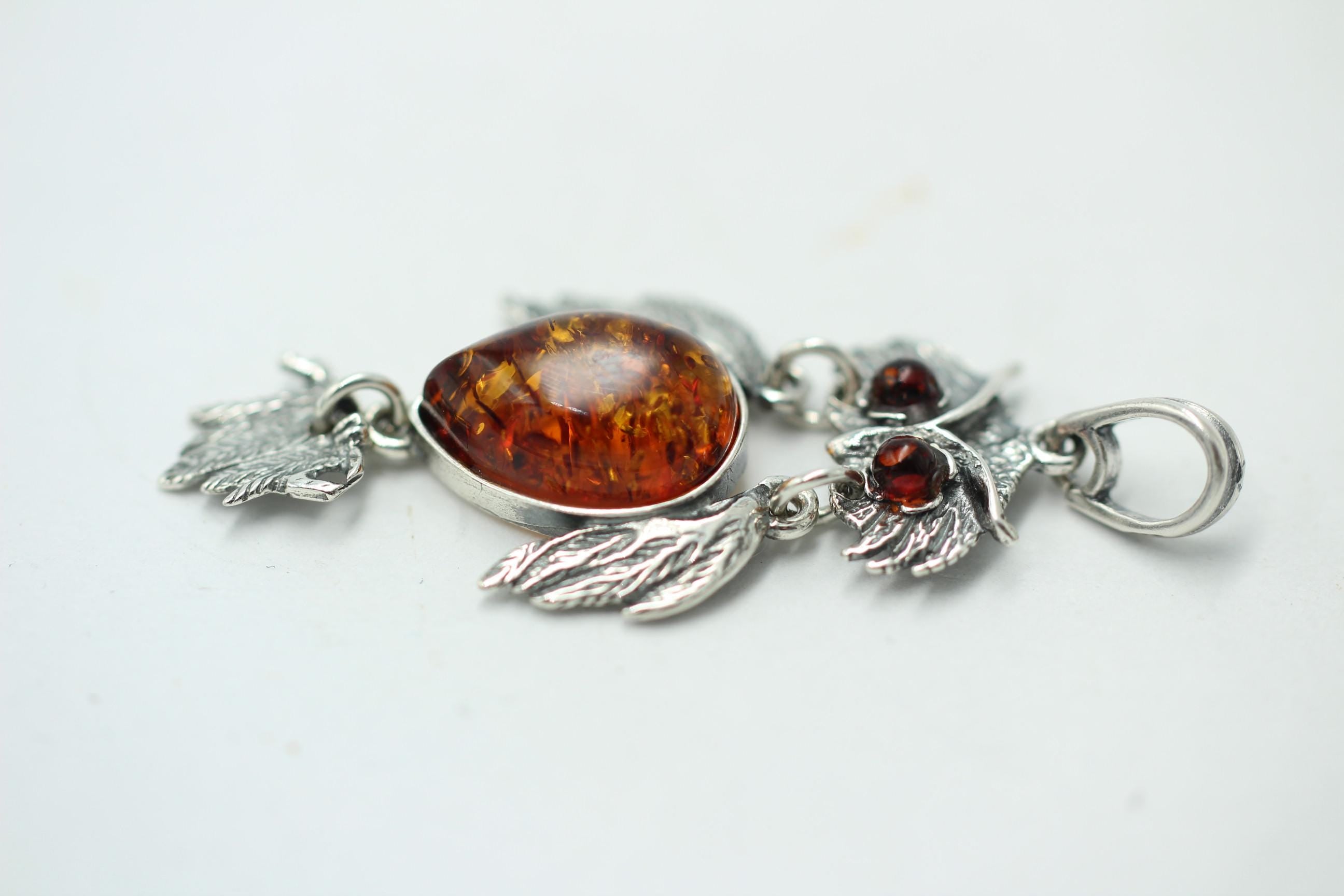 beweglicher Eulen Anhänger Bernstein in 925 Sterling Silber Collier Kette