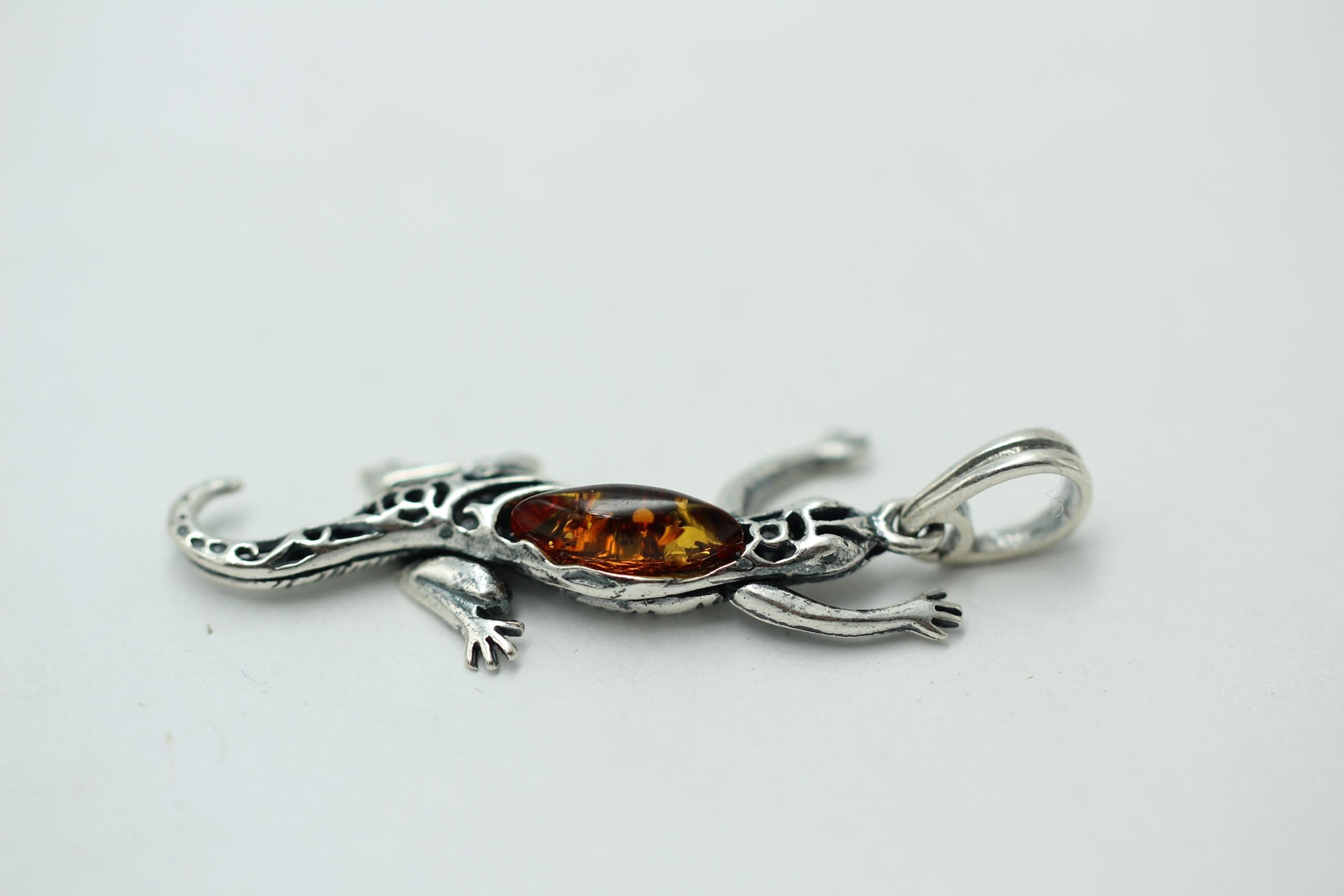 Echsen Anhänger Bernstein 925 Silber Collier Kette Tieranhänger Echse Anhänger
