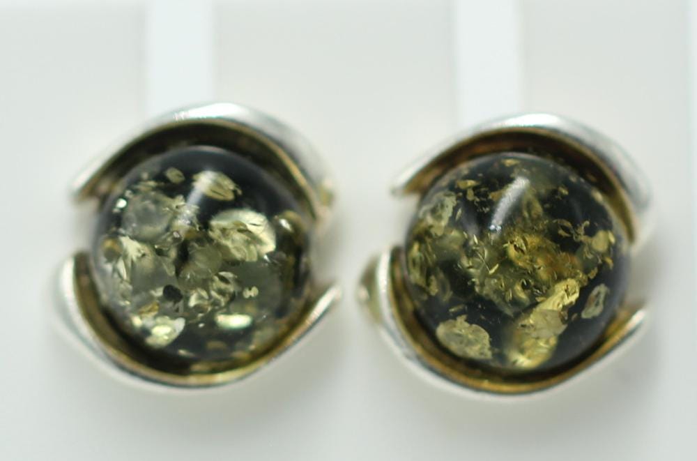 Design Ohrstecker Bernstein 925 Silber Ohrring Bernsteinschmuck Grüner Bernstein