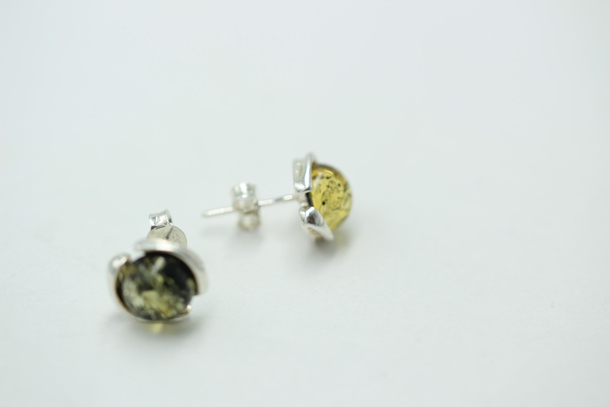 Design Ohrstecker Bernstein 925 Silber Ohrring Bernsteinschmuck Grüner Bernstein