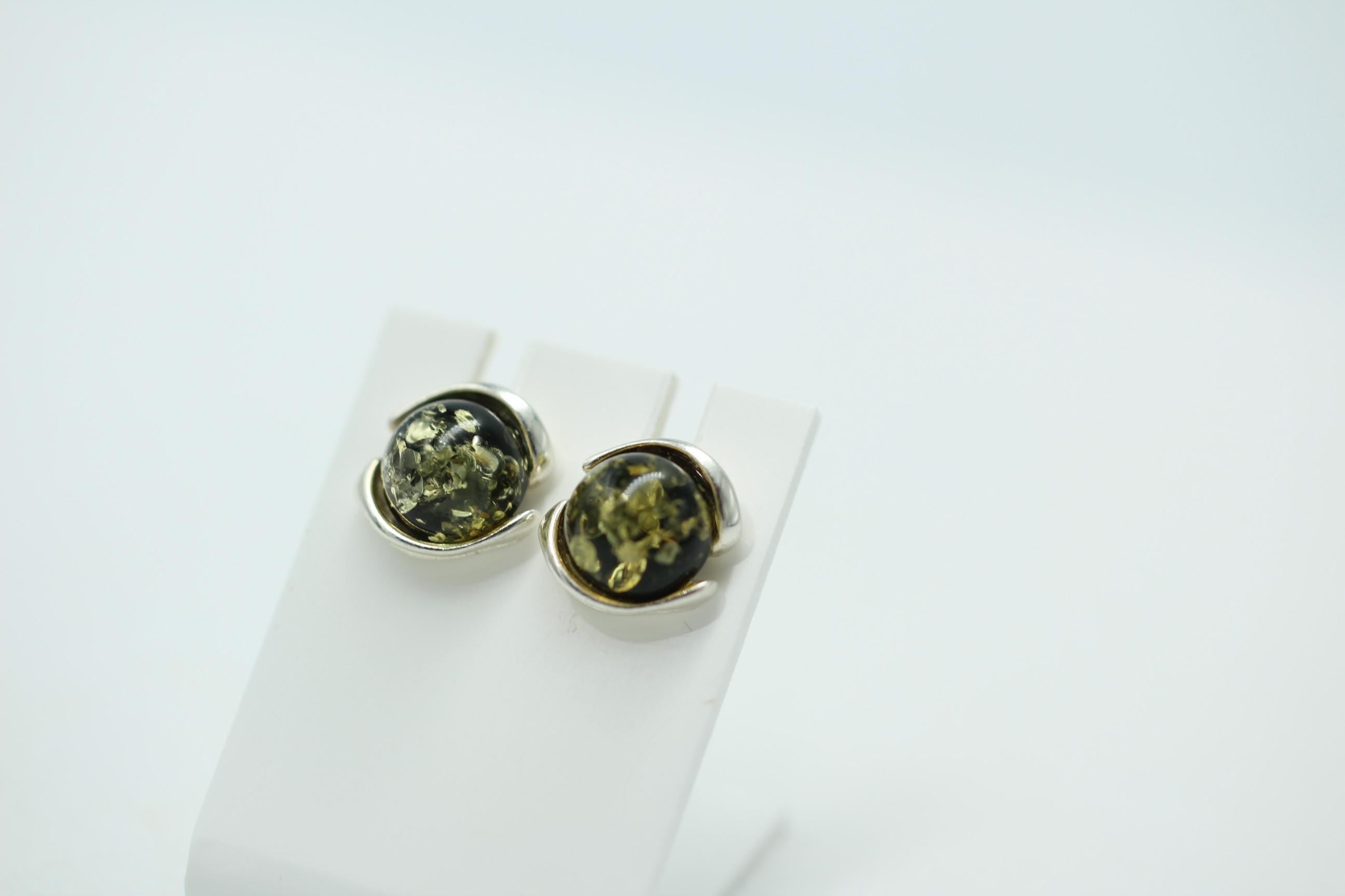Design Ohrstecker Bernstein 925 Silber Ohrring Bernsteinschmuck Grüner Bernstein