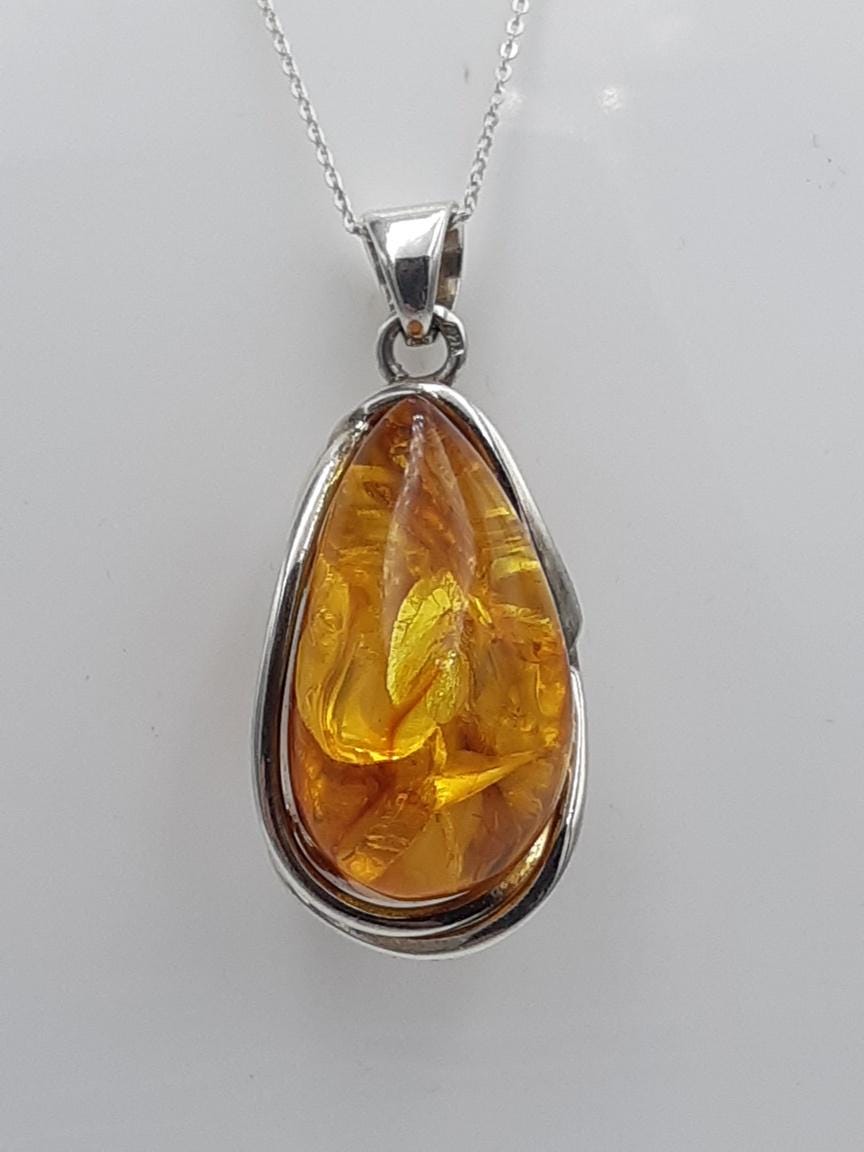 Design Bernstein Anhänger 925 Silber Collier Kette Bernsteinanhänger Top