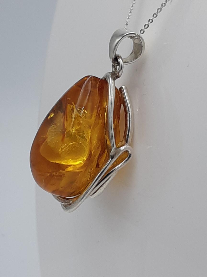 Design Bernstein Anhänger 925 Silber Collier Kette Bernsteinanhänger Top
