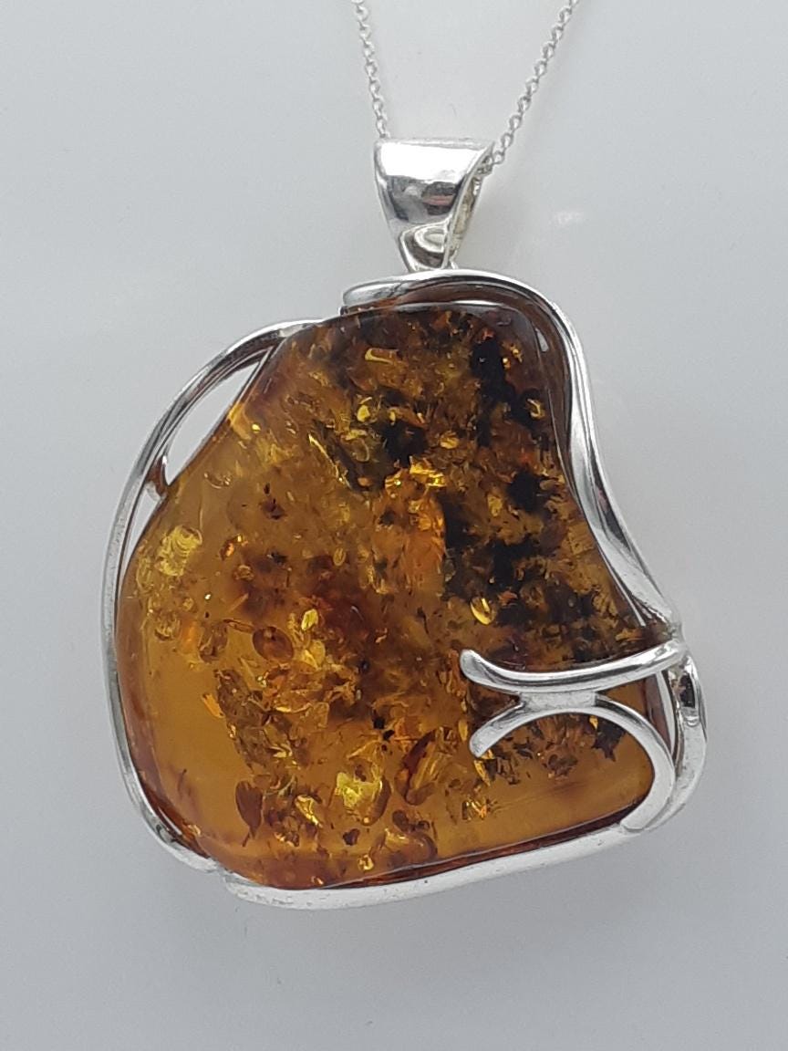 Exklusiver Design Bernstein Anhänger 925 Silber Unikat Anhänger Collier Kette