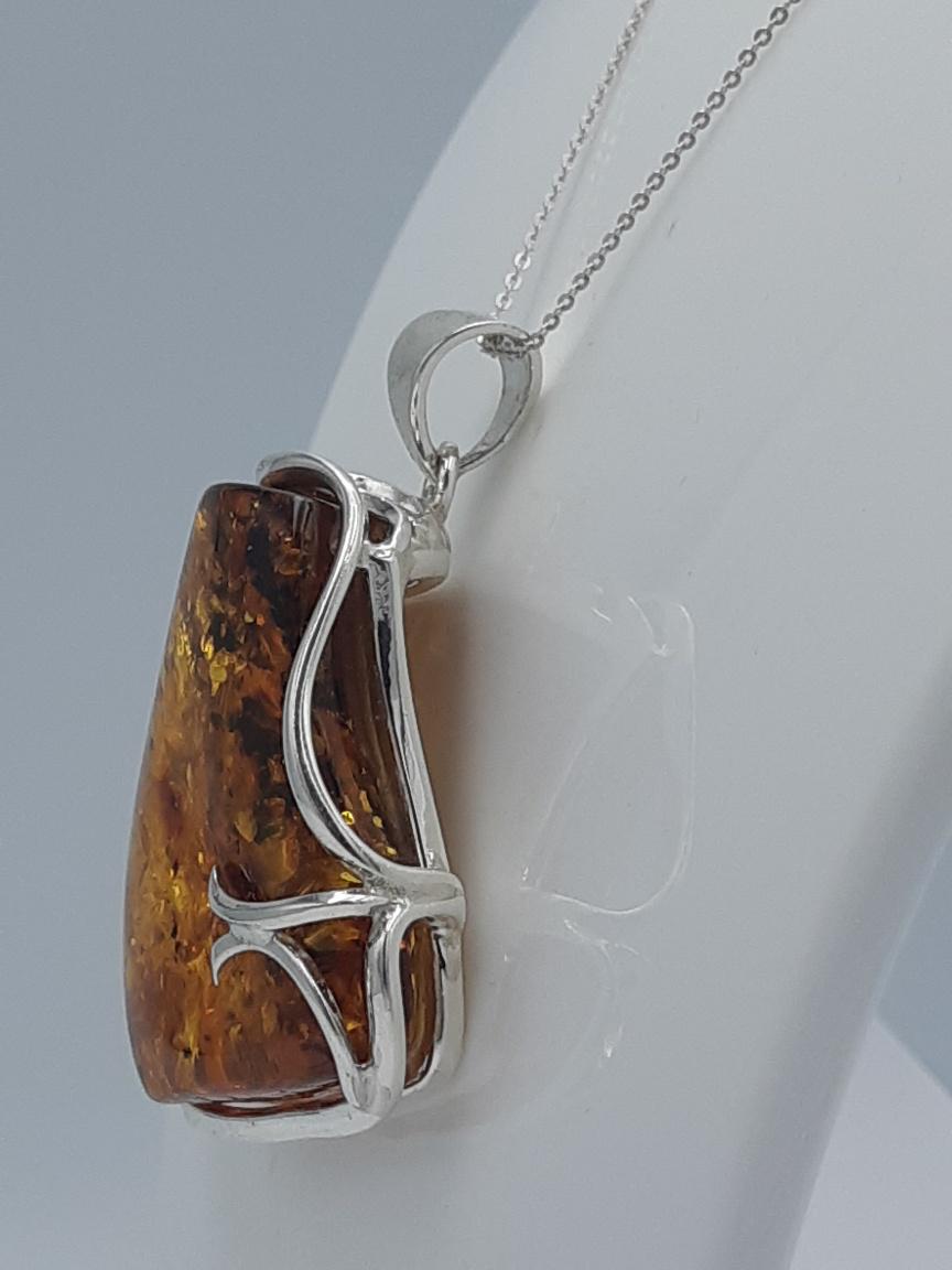 Exklusiver Design Bernstein Anhänger 925 Silber Unikat Anhänger Collier Kette