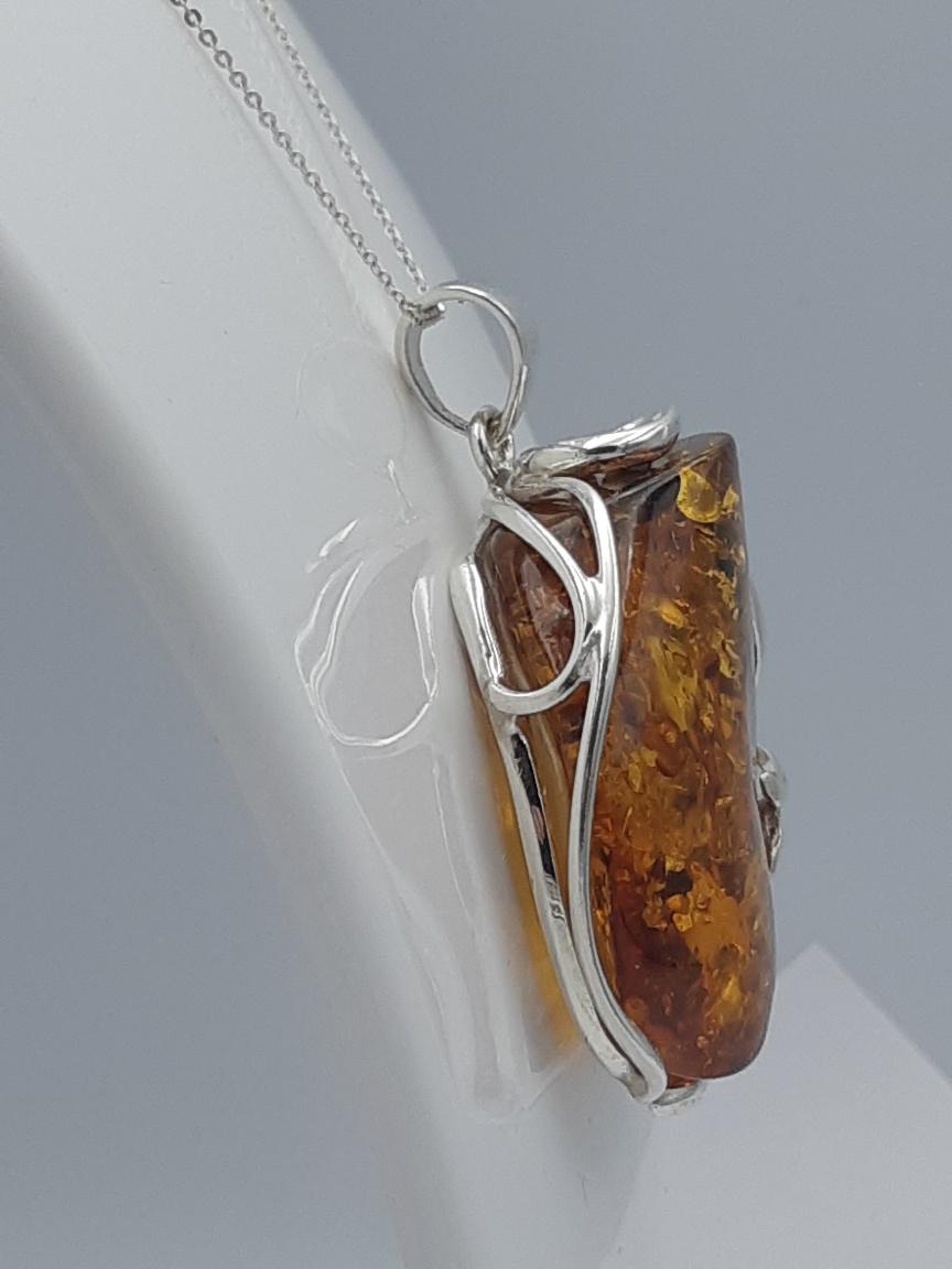 Exklusiver Design Bernstein Anhänger 925 Silber Unikat Anhänger Collier Kette