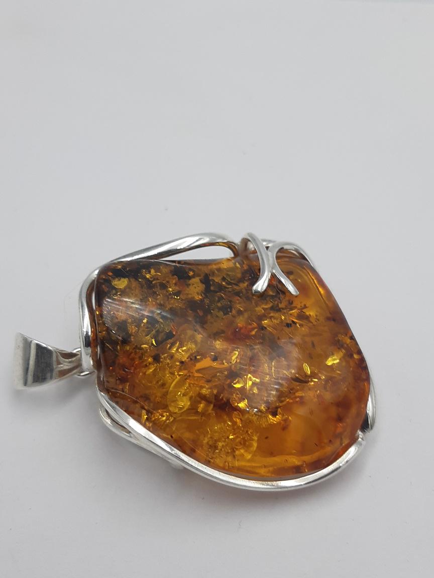 Exklusiver Design Bernstein Anhänger 925 Silber Unikat Anhänger Collier Kette