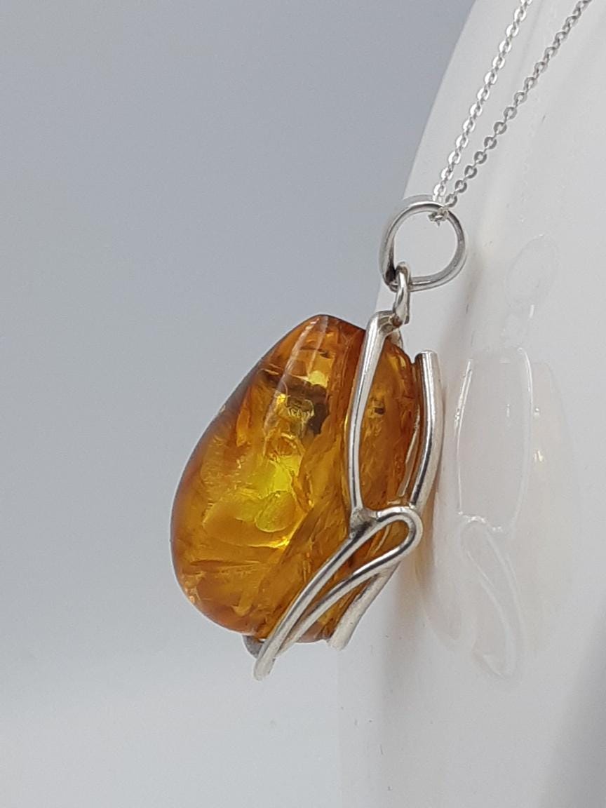 Design Bernstein Anhänger 925 Silber Collier Kette Bernsteinanhänger Top