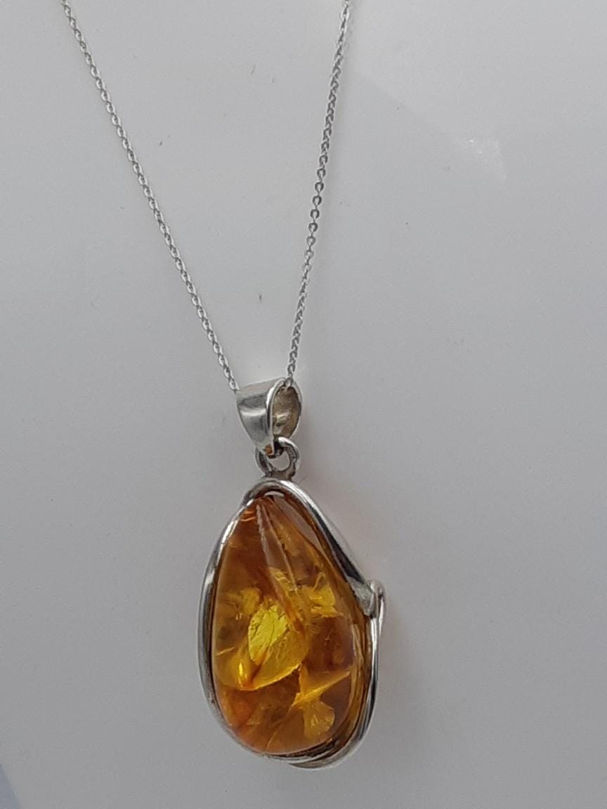 Design Bernstein Anhänger 925 Silber Collier Kette Bernsteinanhänger Top
