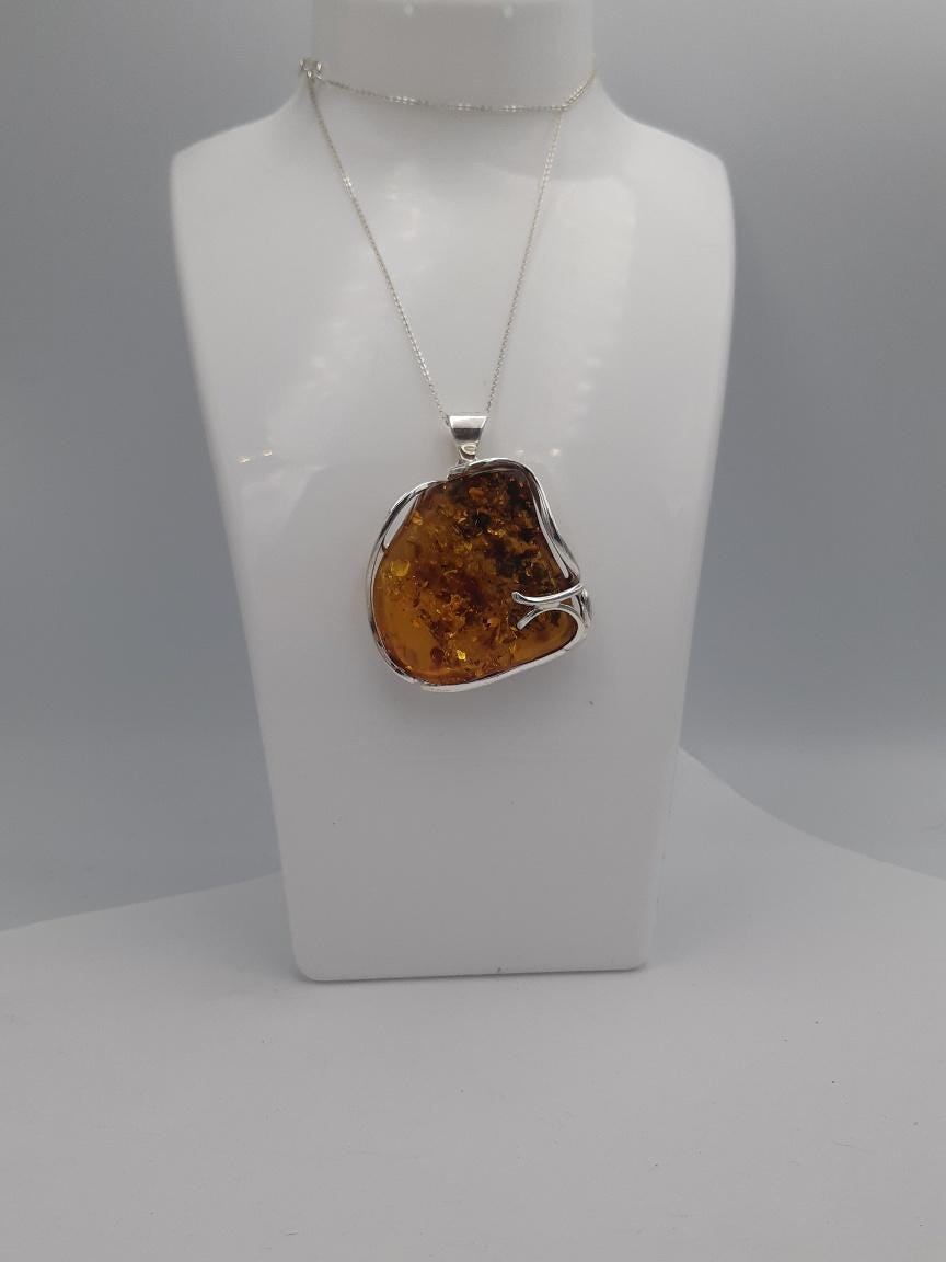 Exklusiver Design Bernstein Anhänger 925 Silber Unikat Anhänger Collier Kette