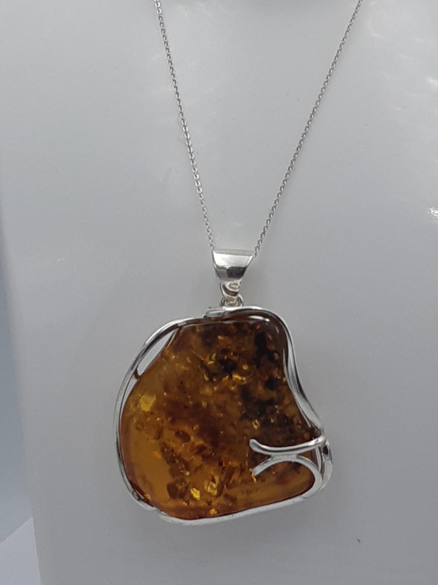 Exklusiver Design Bernstein Anhänger 925 Silber Unikat Anhänger Collier Kette