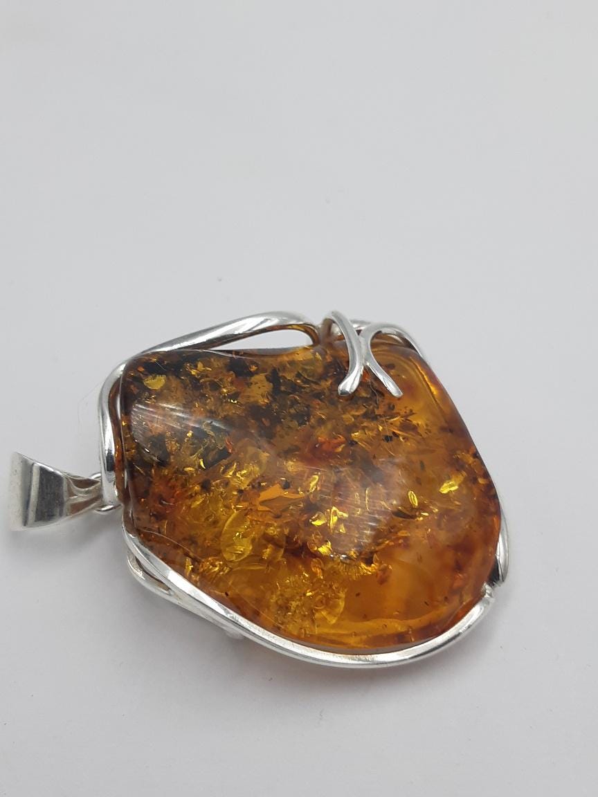 Exklusiver Design Bernstein Anhänger 925 Silber Unikat Anhänger Collier Kette