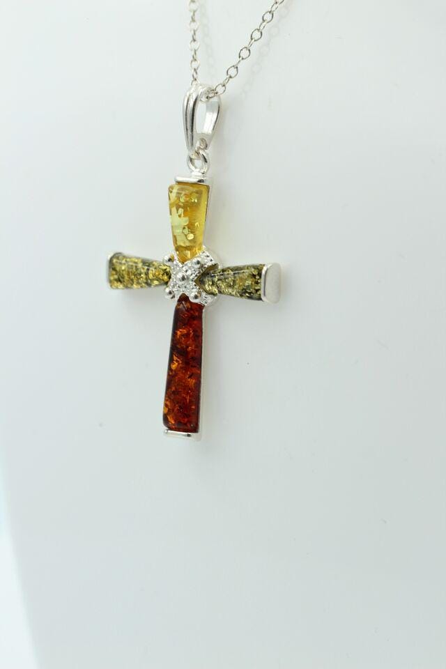 Edles echtes Bernstein 925 Silber Kreuz Anhänger Collier Kette Traumhaft schön