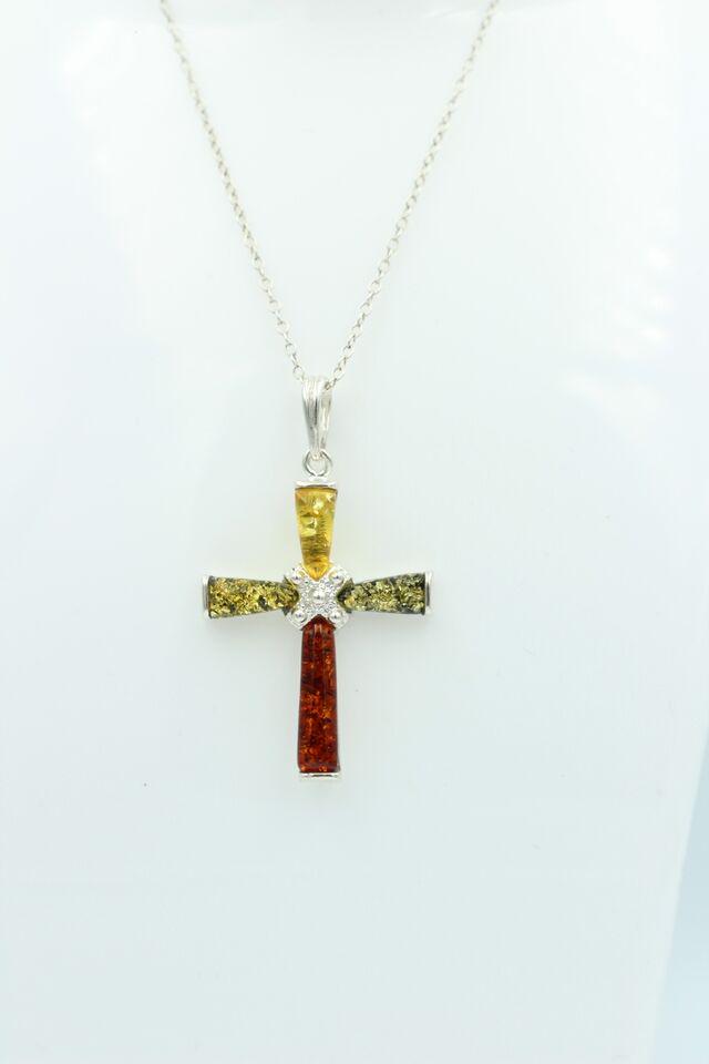 Edles echtes Bernstein 925 Silber Kreuz Anhänger Collier Kette Traumhaft schön