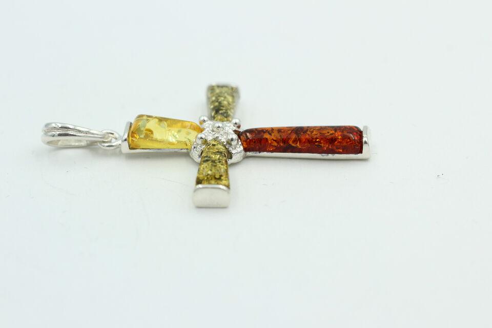 Edles echtes Bernstein 925 Silber Kreuz Anhänger Collier Kette Traumhaft schön