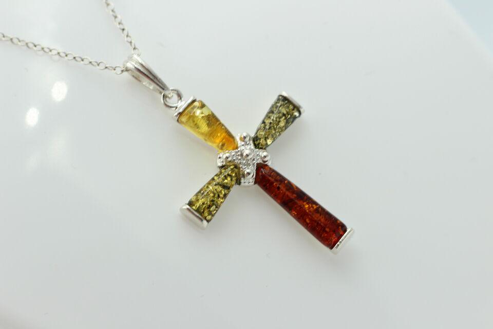 Edles echtes Bernstein 925 Silber Kreuz Anhänger Collier Kette Traumhaft schön