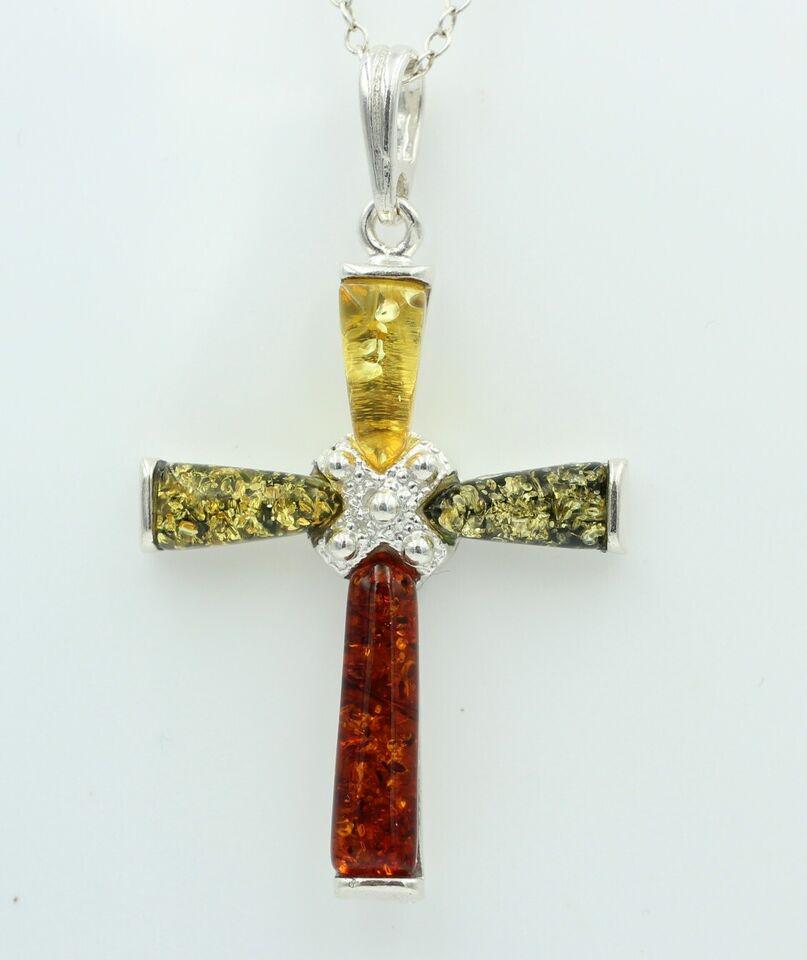 Edles echtes Bernstein 925 Silber Kreuz Anhänger Collier Kette Traumhaft schön