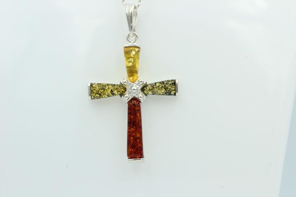 Edles echtes Bernstein 925 Silber Kreuz Anhänger Collier Kette Traumhaft schön