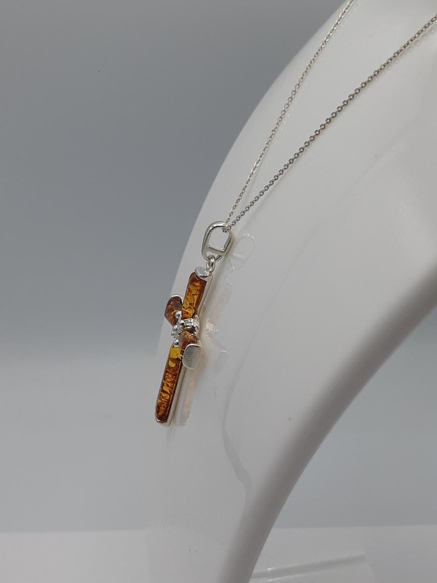 Edles echtes Bernstein 925 Silber Kreuz Anhänger Collier Kette Traumhaft schön