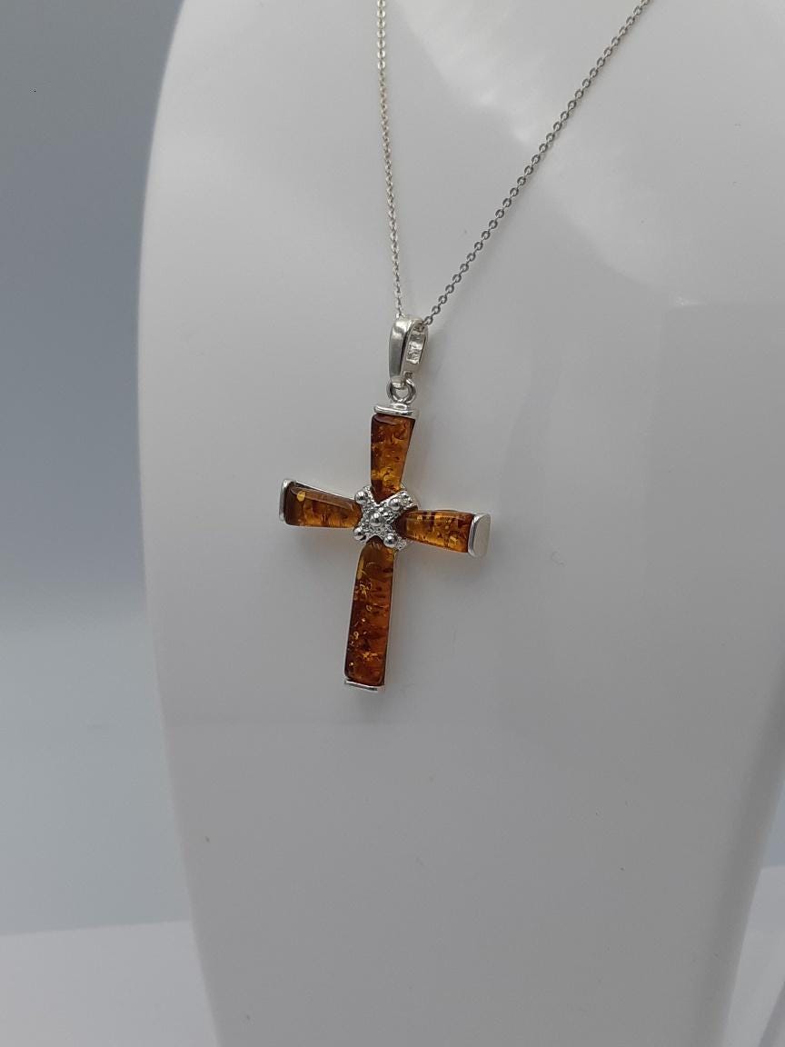 Edles echtes Bernstein 925 Silber Kreuz Anhänger Collier Kette Traumhaft schön