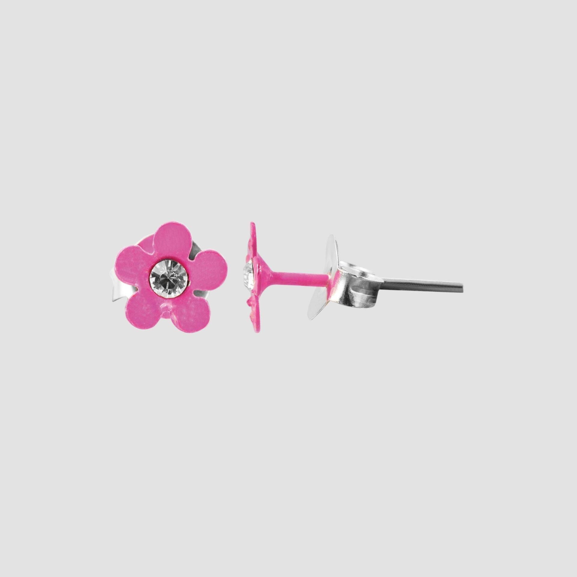 925/- Echt Silber Kinder Ohrstecker "Florette", Blume mit Similistein, pink Blumenohrstecker  Blüte