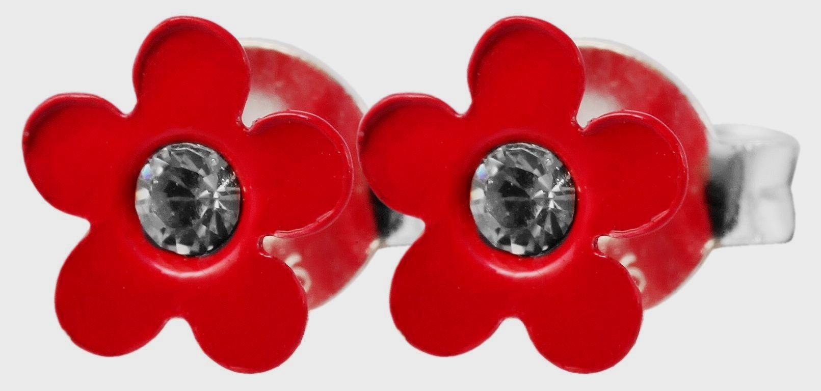 925/- Echt Silber Kinder Ohrstecker "Florette", Blume mit Similistein, rot