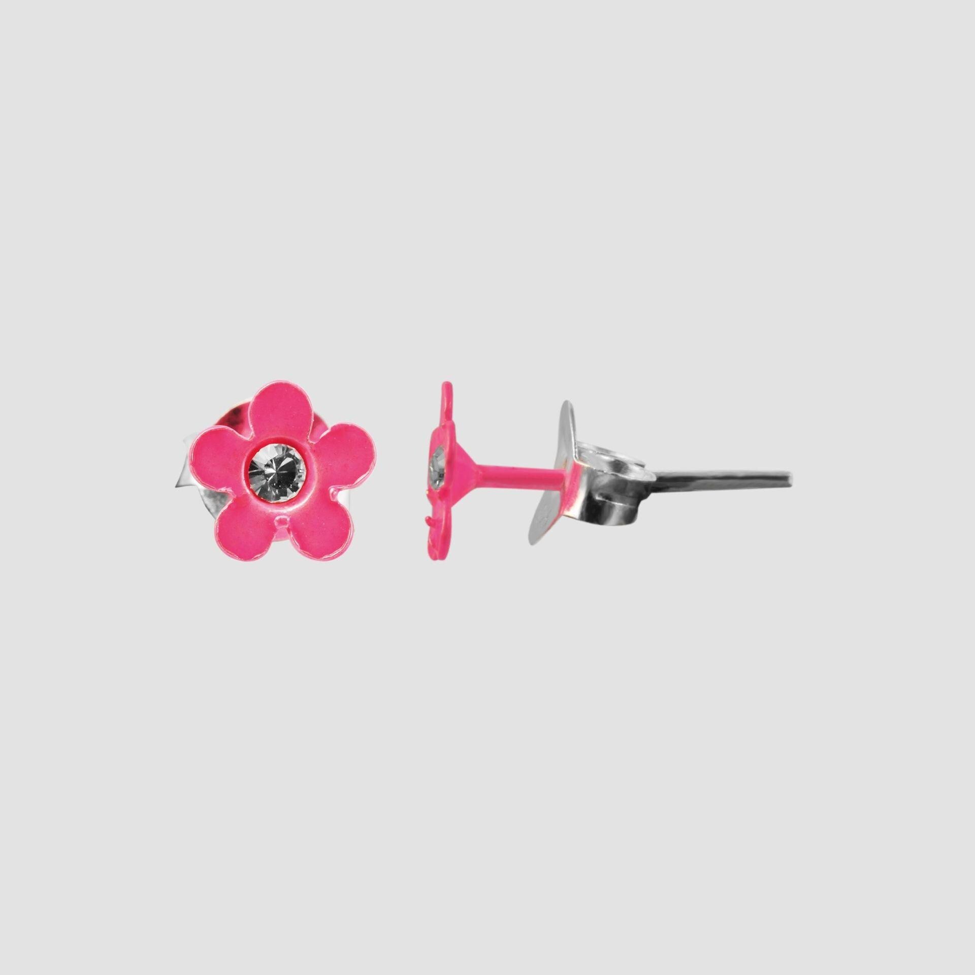 925/- Echt Silber Kinder Ohrstecker "Florette", Blume mit Similistein, pink Blütenohrstecker