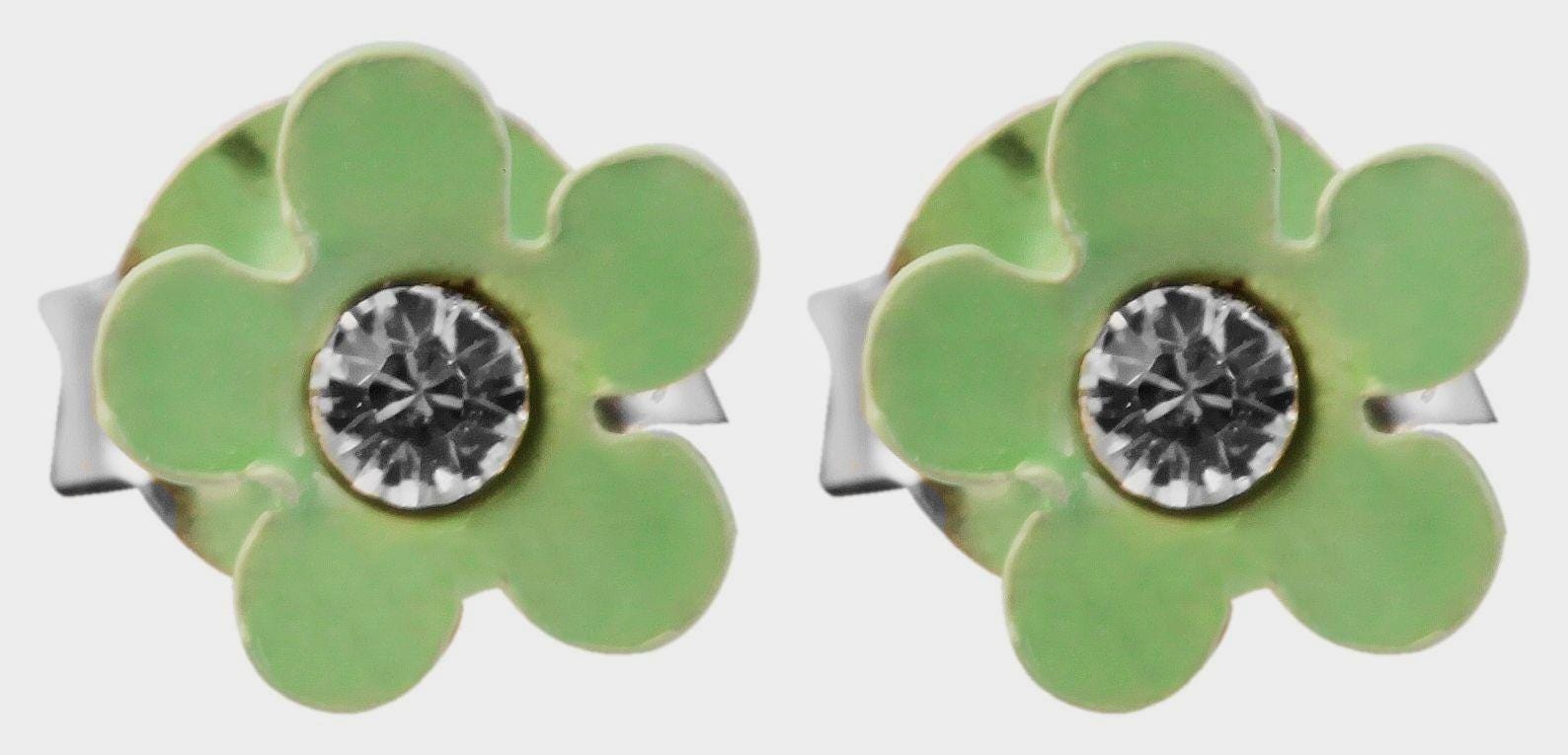 925/- Echt Silber Kinder Ohrstecker "Florette", Blume mit Similistein, hellgrün"