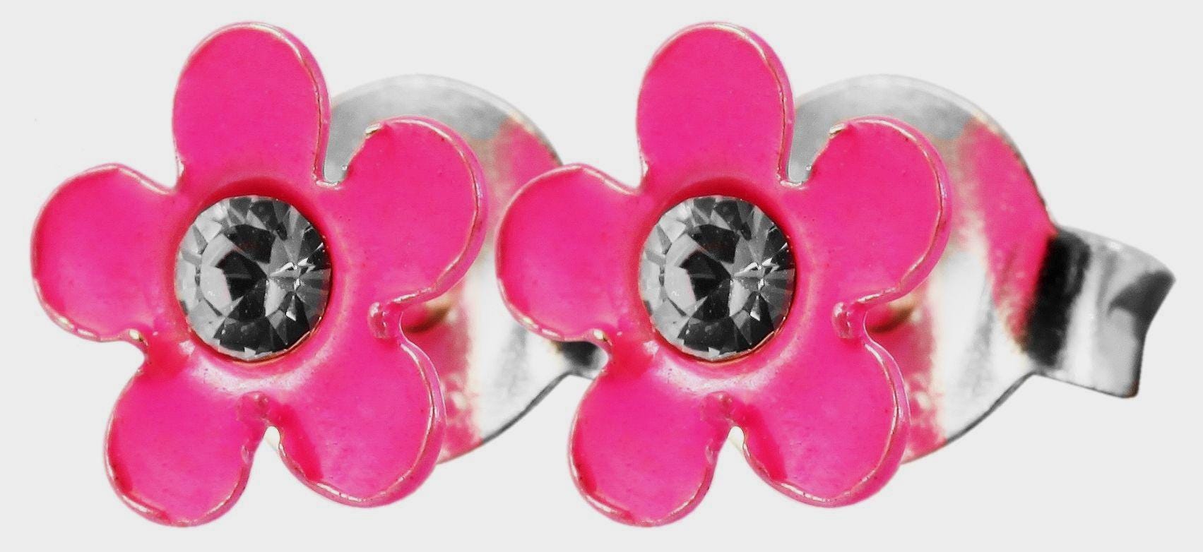 925/- Echt Silber Kinder Ohrstecker "Florette", Blume mit Similistein, neonpink Blütenohrstecker für Mädchen