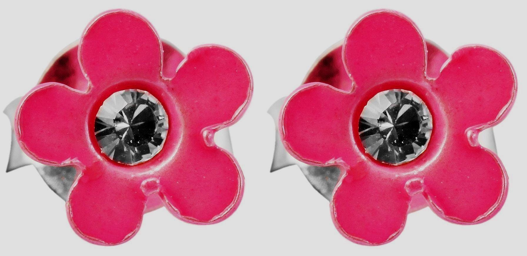 925/- Echt Silber Kinder Ohrstecker "Florette", Blume mit Similistein, neonpink Blütenohrstecker für Mädchen