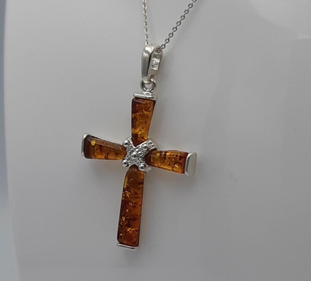 Edles echtes Bernstein 925 Silber Kreuz Anhänger Collier Kette Traumhaft schön