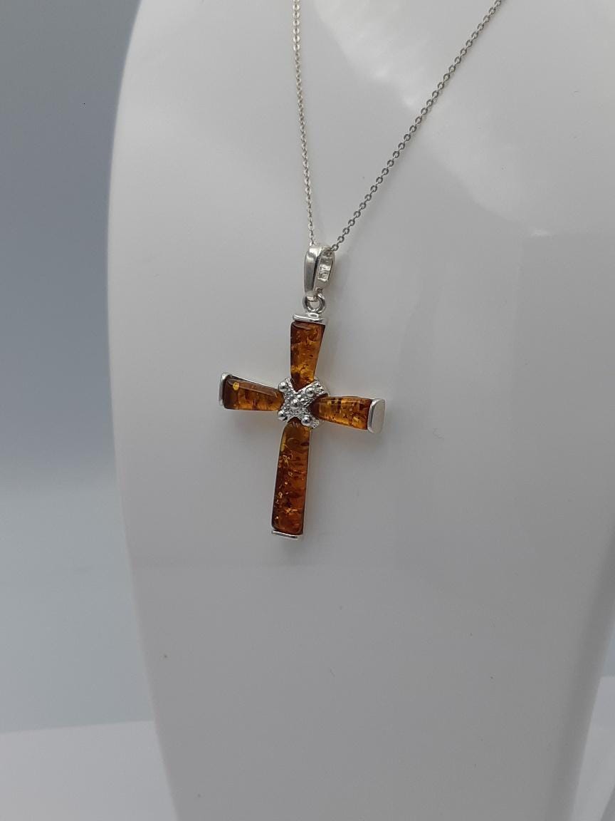 Edles echtes Bernstein 925 Silber Kreuz Anhänger Collier Kette Traumhaft schön