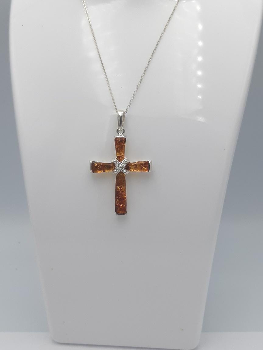 Edles echtes Bernstein 925 Silber Kreuz Anhänger Collier Kette Traumhaft schön