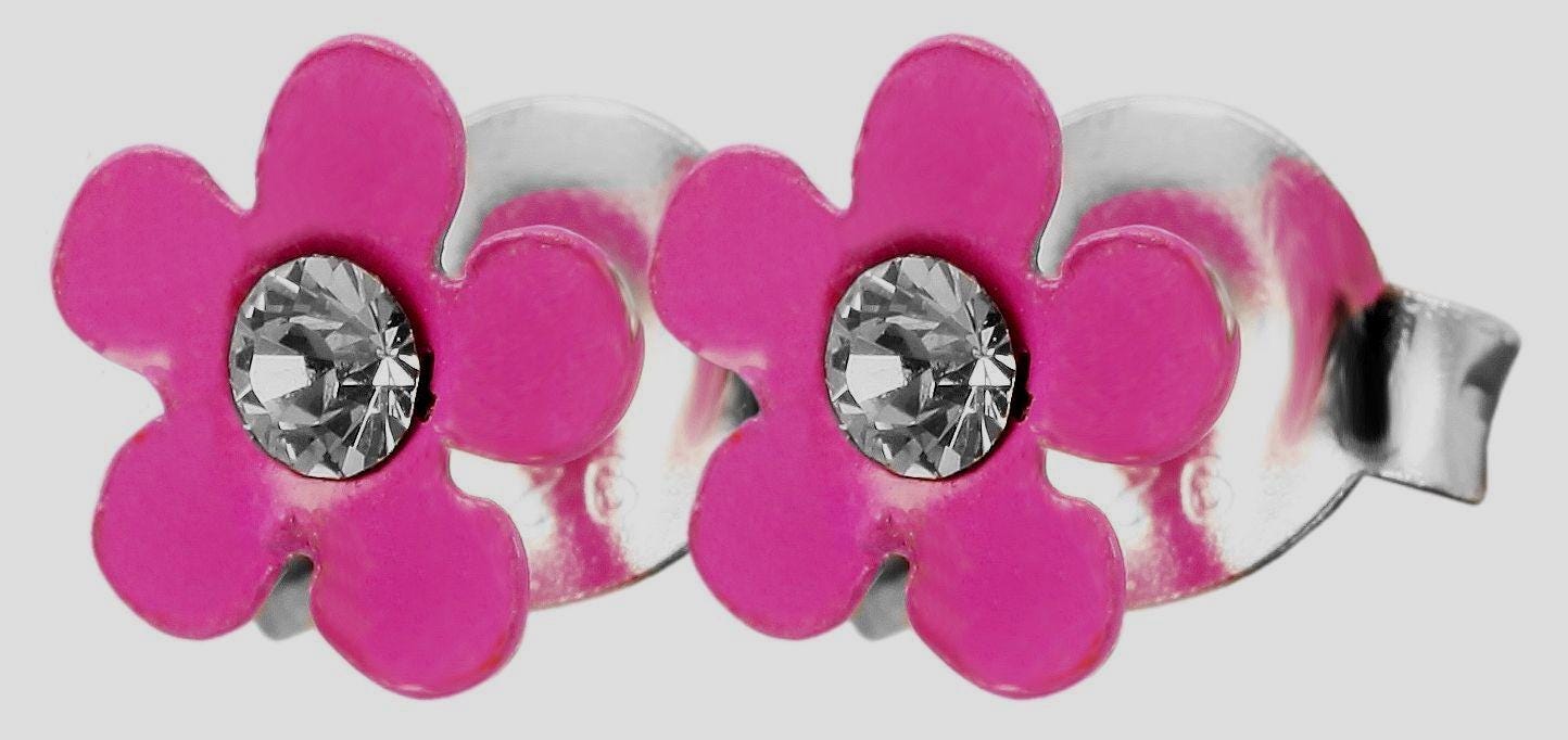 925/- Echt Silber Kinder Ohrstecker "Florette", Blume mit Similistein, pink Blumenohrstecker  Blüte