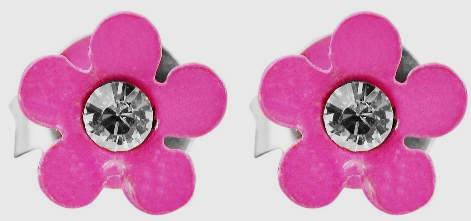 925/- Echt Silber Kinder Ohrstecker "Florette", Blume mit Similistein, pink Blumenohrstecker  Blüte
